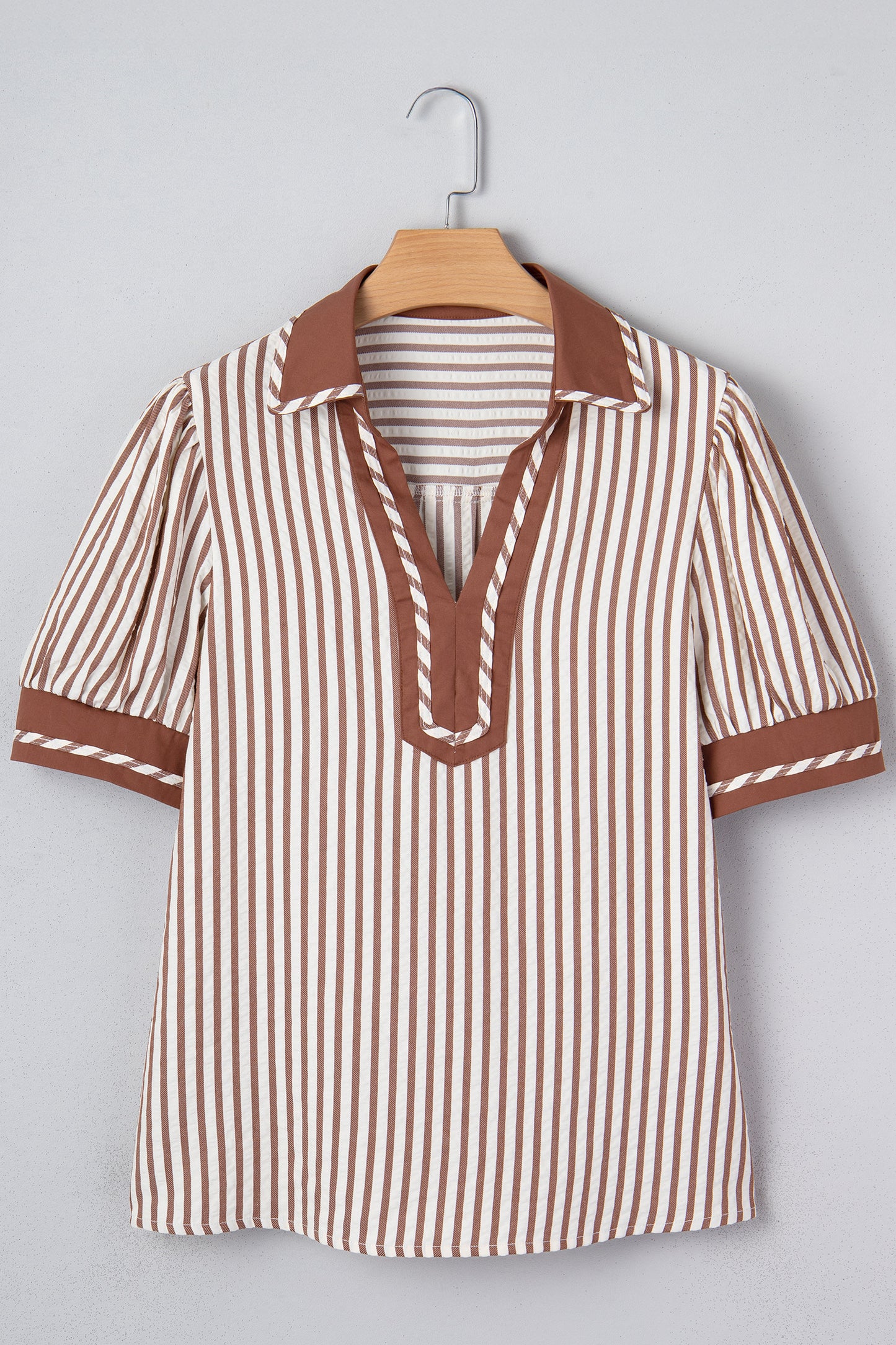 Khaki Striped Split Neck Puff Sleeve Blouse Top
