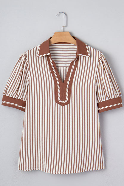Khaki Striped Split Neck Puff Sleeve Blouse Top