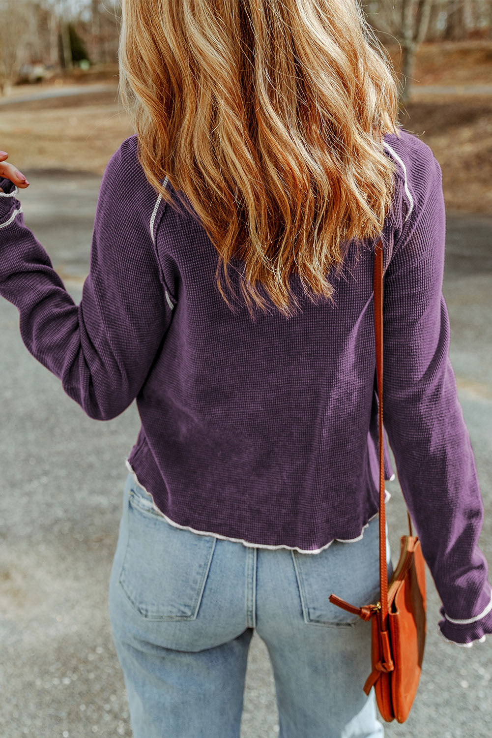 Womens Waffle Knit Long Sleeve Top Casual Crew Neck Tee