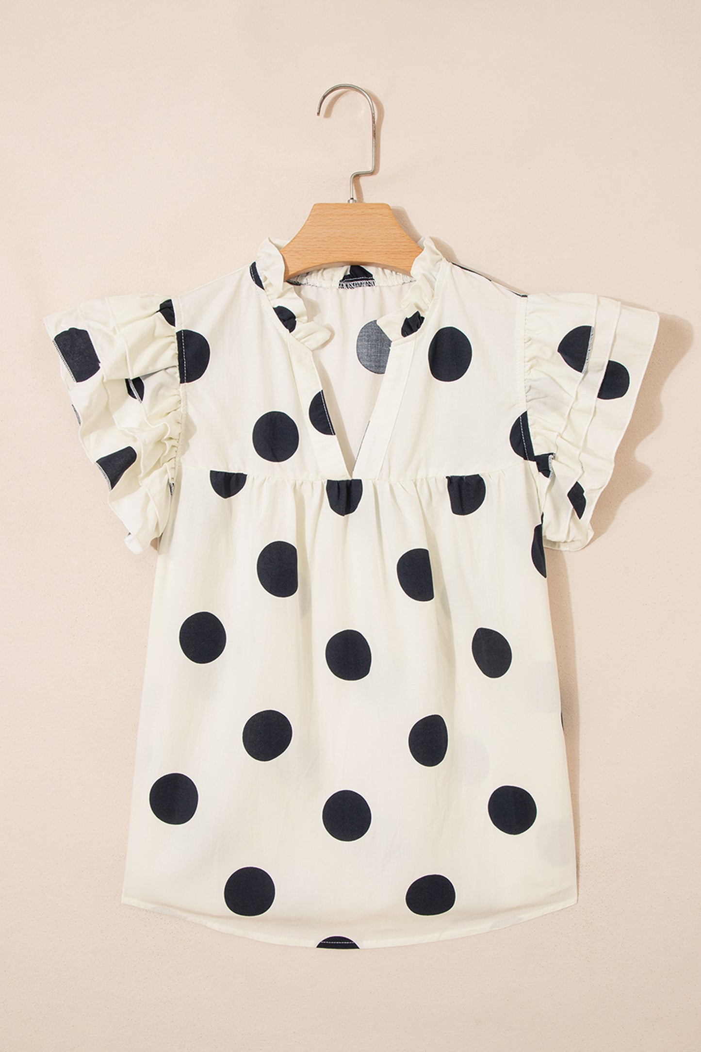 Polka Dot Ruffle Sleeve V Neck Shift Blouse Top