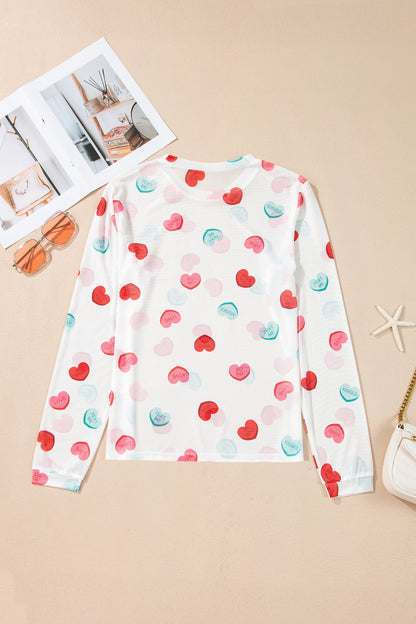 White Sheer Mesh Slogan Heart Printed Long Sleeve Top