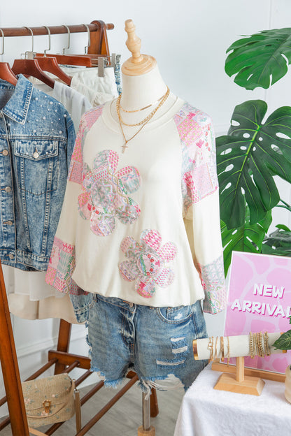 Boho Patchwork Floral Graphic Long Sleeve Top Women