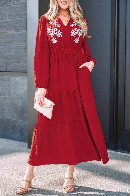 Racing Red Embroidered Cinched Waist Tiered Maxi Dress