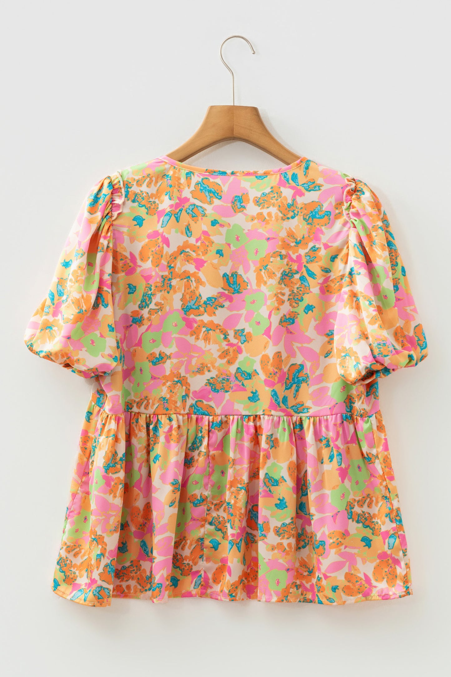 Orange Floral Split V Neck Short Sleeve Peplum Blouse