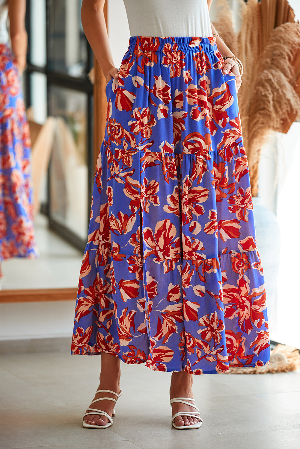 Blue Bohemian Floral Print Tiered Maxi Skirt with Split