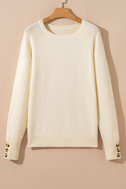 Button Cuff Bishop Sleeve Crew Neck Knit Sweater