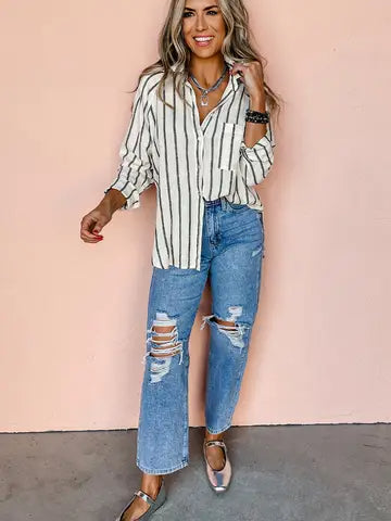 Oversized Striped Button Up Shirt with Chest Pocket