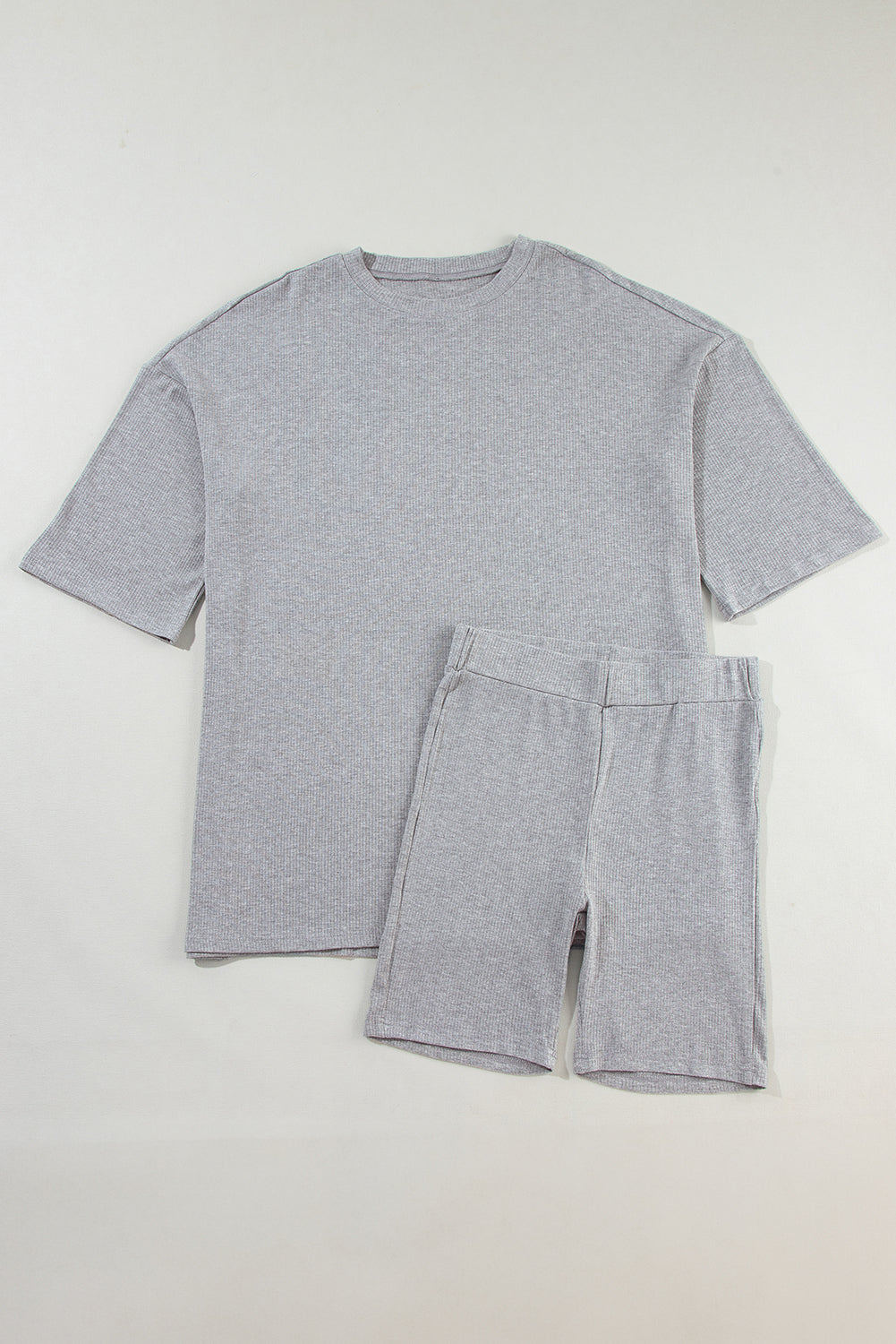 Light Grey Solid Color Loose Tunic Top and Slim Shorts Set