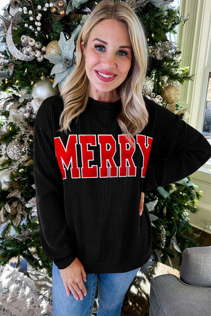 Corduroy MERRY Letter Christmas Pullover Sweatshirt