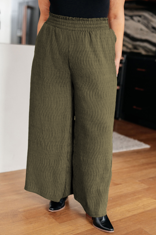 Jungle Green Plus Size Textured Shirred High Waist Casual Pants