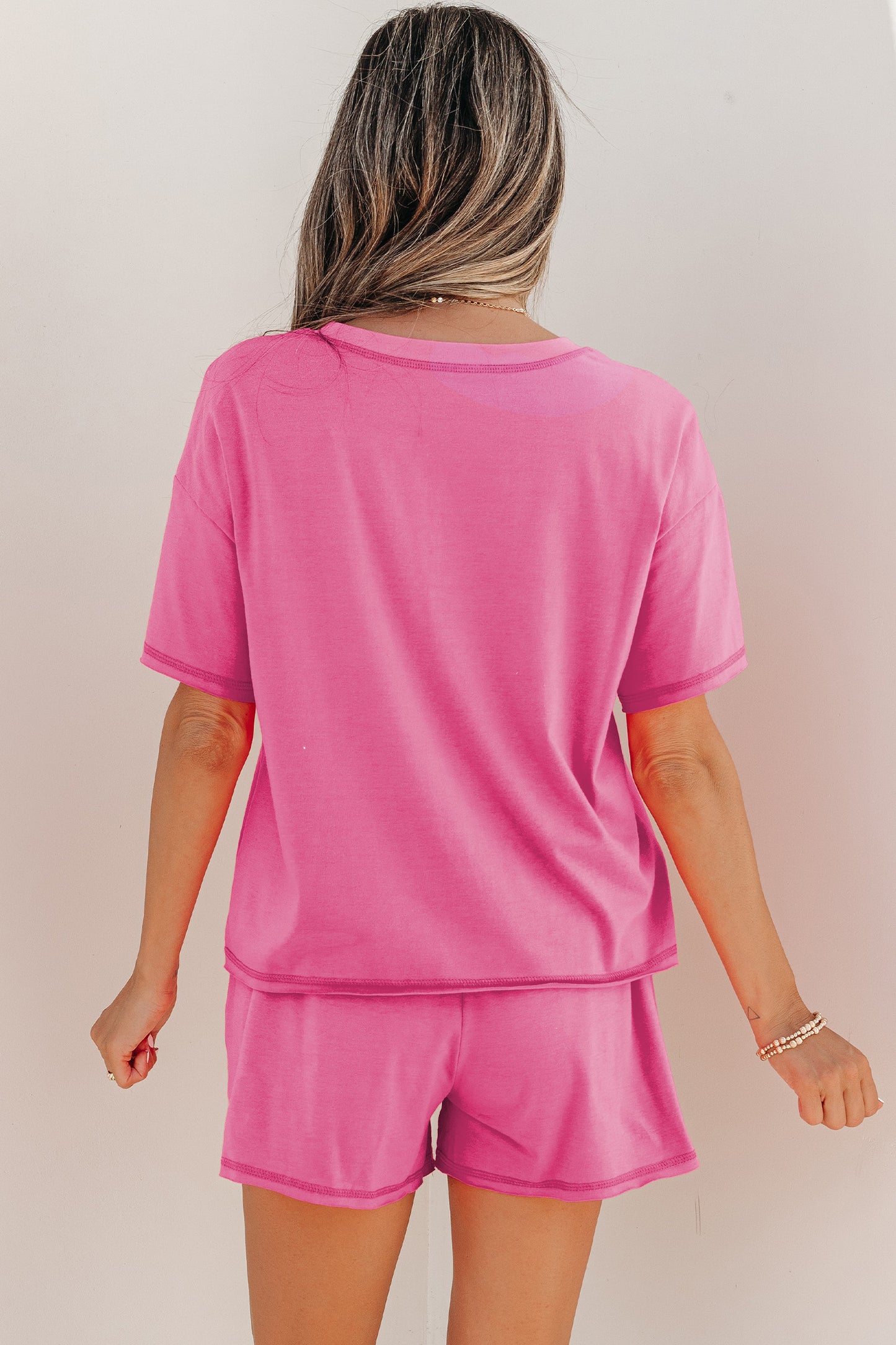 Bright Pink Lounge Set Rainbow Waistband Tee and Shorts