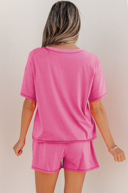 Bright Pink Lounge Set Rainbow Waistband Tee and Shorts