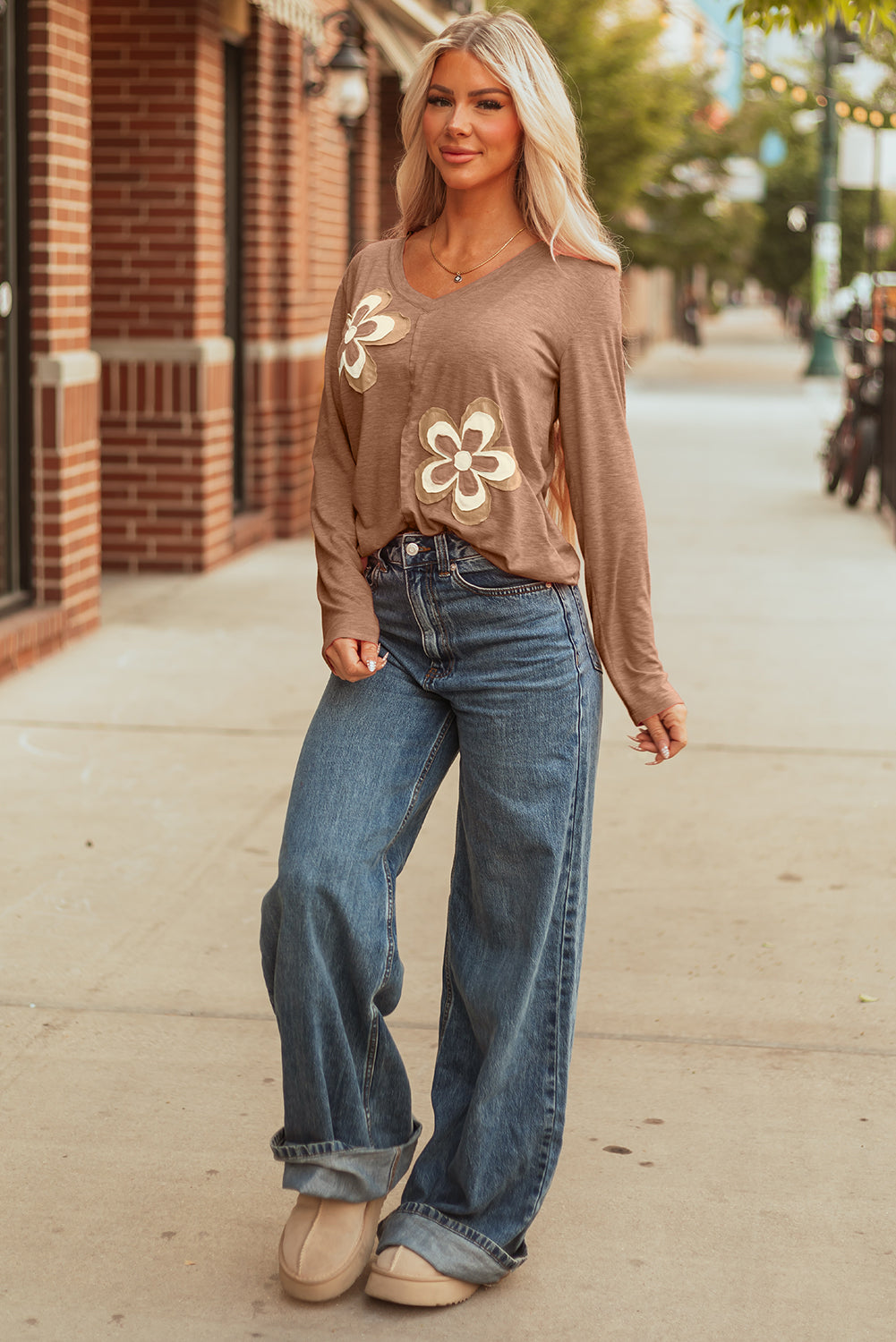 Floral Patchwork V Neck Long Sleeve Casual T Shirt