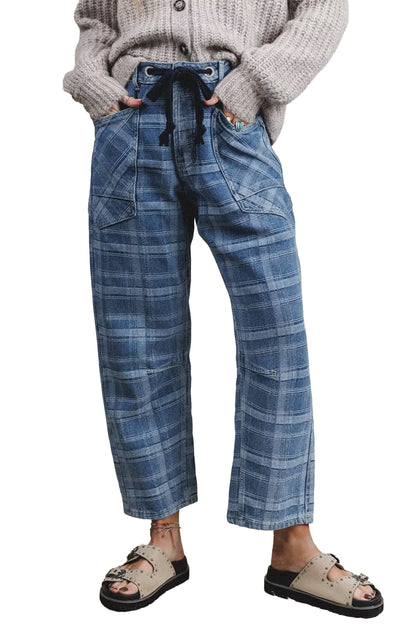 Plaid Denim Drawstring Wide Leg Utility Jeans