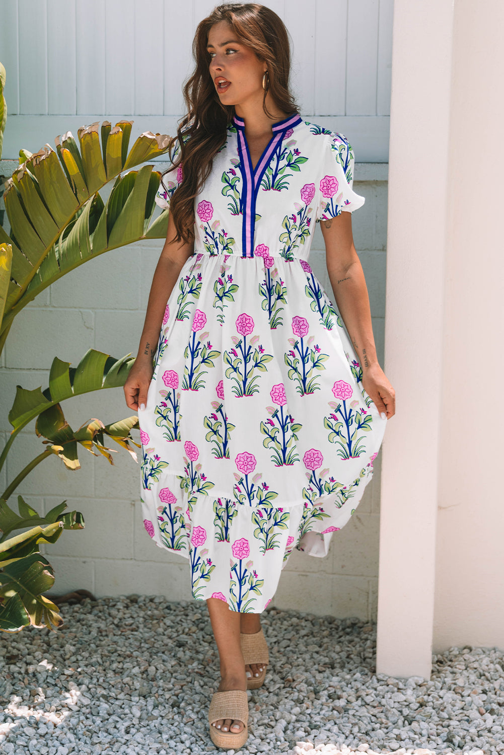 White Floral Contrast Trim V Neck Maxi Dress
