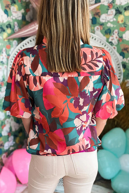 Floral Puff Sleeve V-Neck Blouse – Boho Summer Top