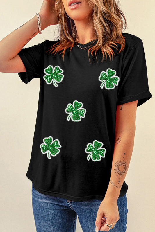 Black Four Leaf Clover Graphic Tee for St Patrick’s Day