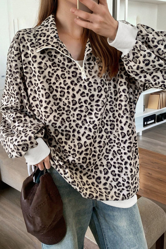 Leopard Print Quarter Zip Corduroy Pullover