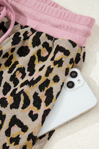 Pink Leopard Print Contrast Edge Long Sleeve Pullover Shorts Set
