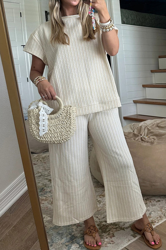 Textured Knit Set Loose Fit Lounge Top Wide Leg Pants