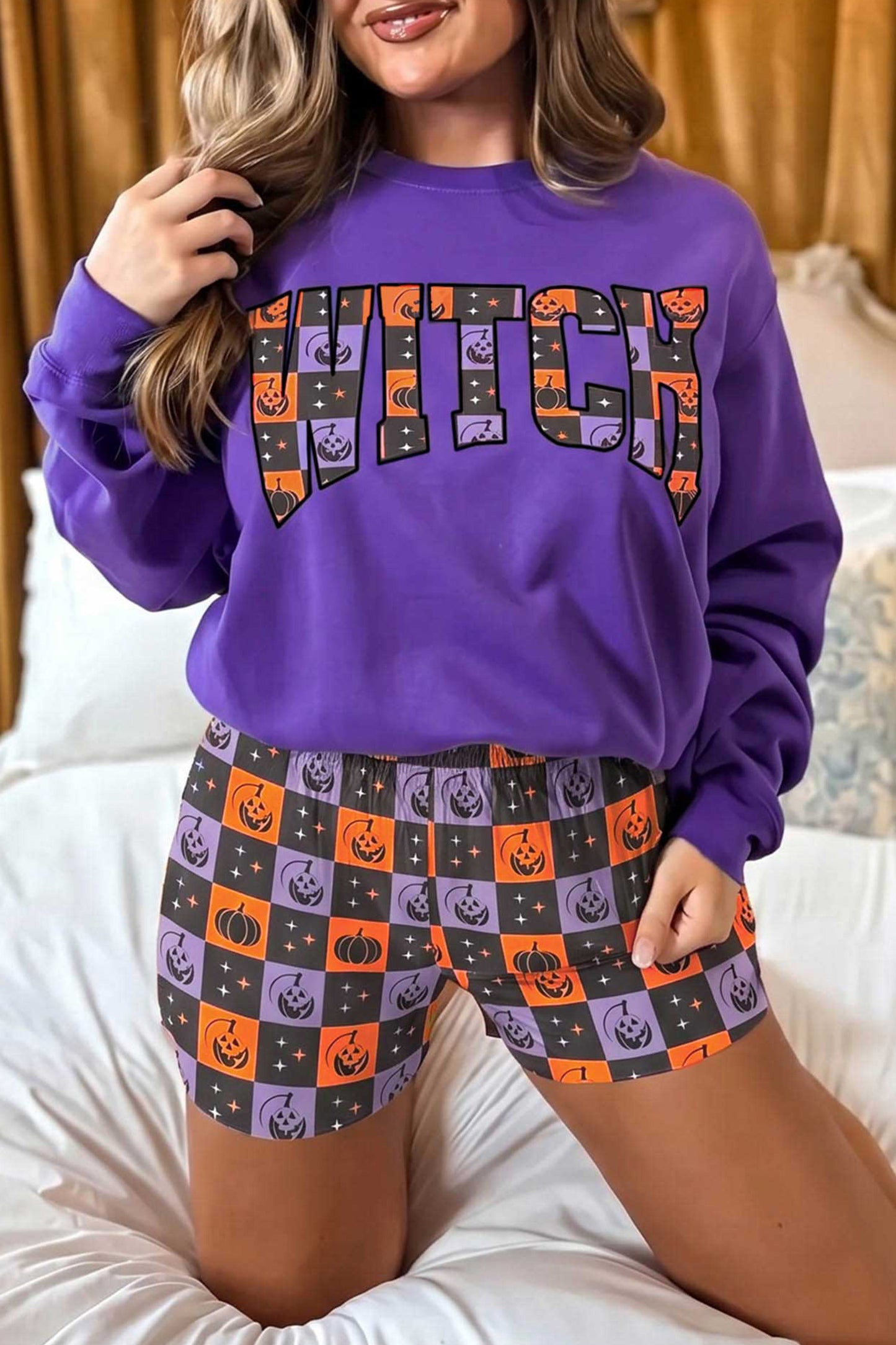 Halloween Witch Graphic Checkerboard Shorts Set