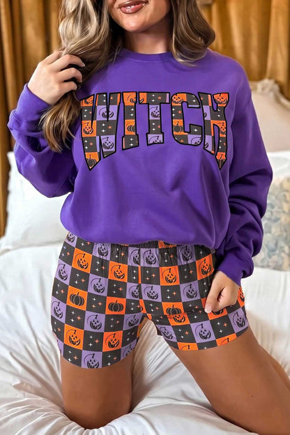 Halloween Witch Graphic Checkerboard Shorts Set