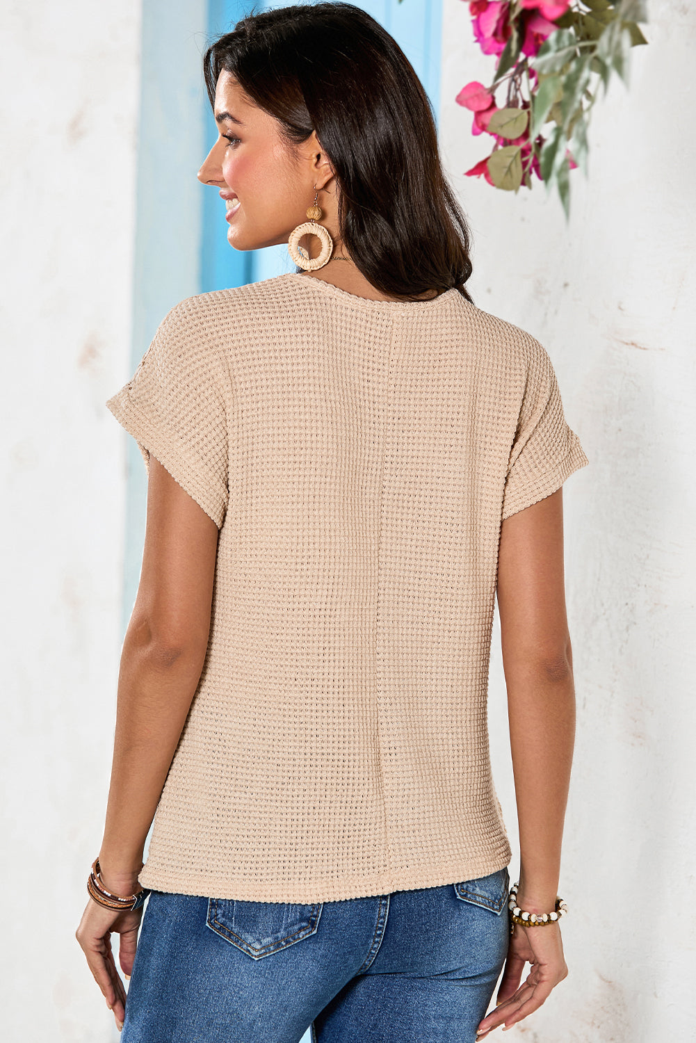 Mist Green Lace Patchwork Waffle Knit Summer Top