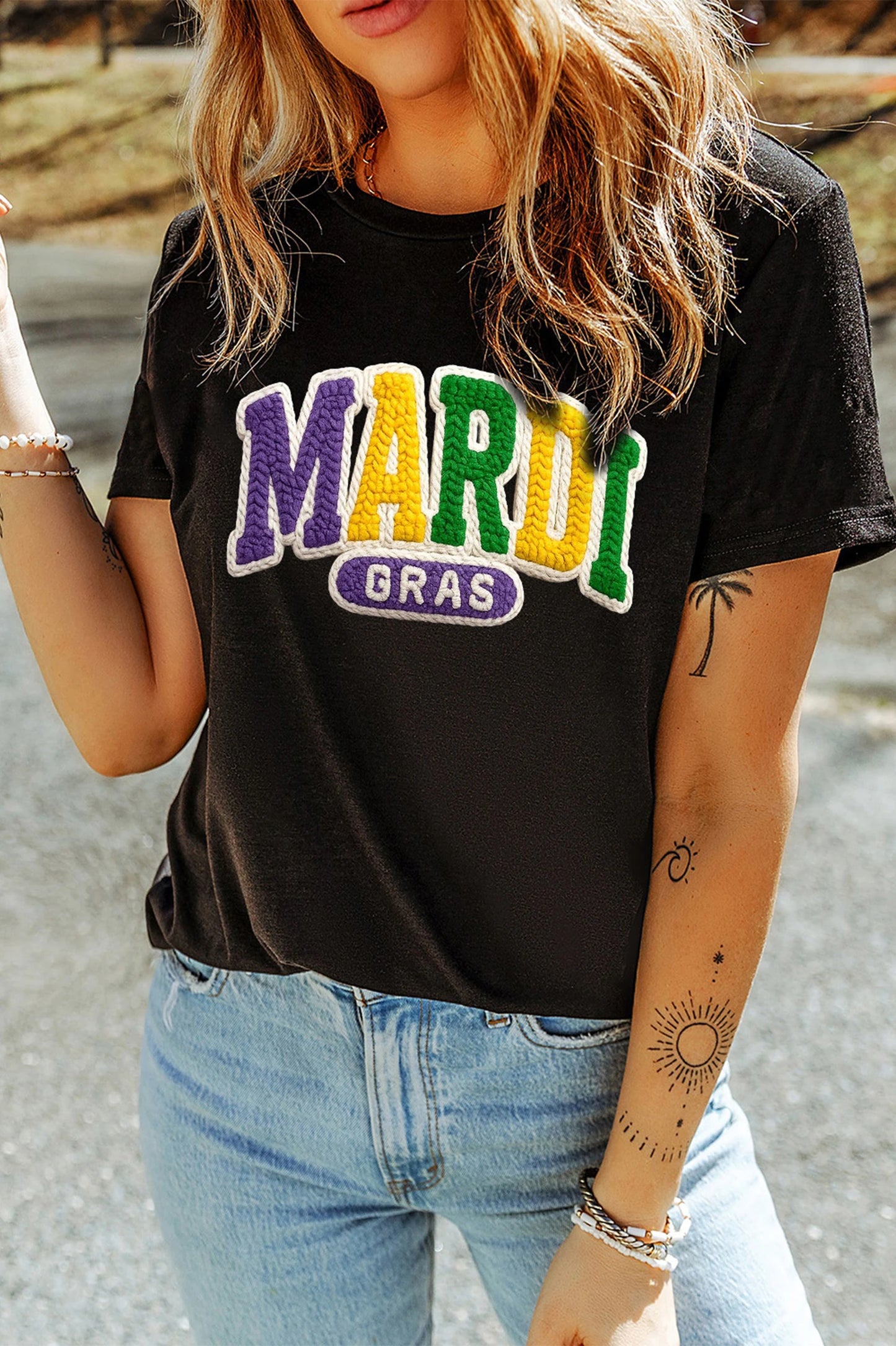 Black Mardi Gras Faux Yarn Letter Graphic Tee