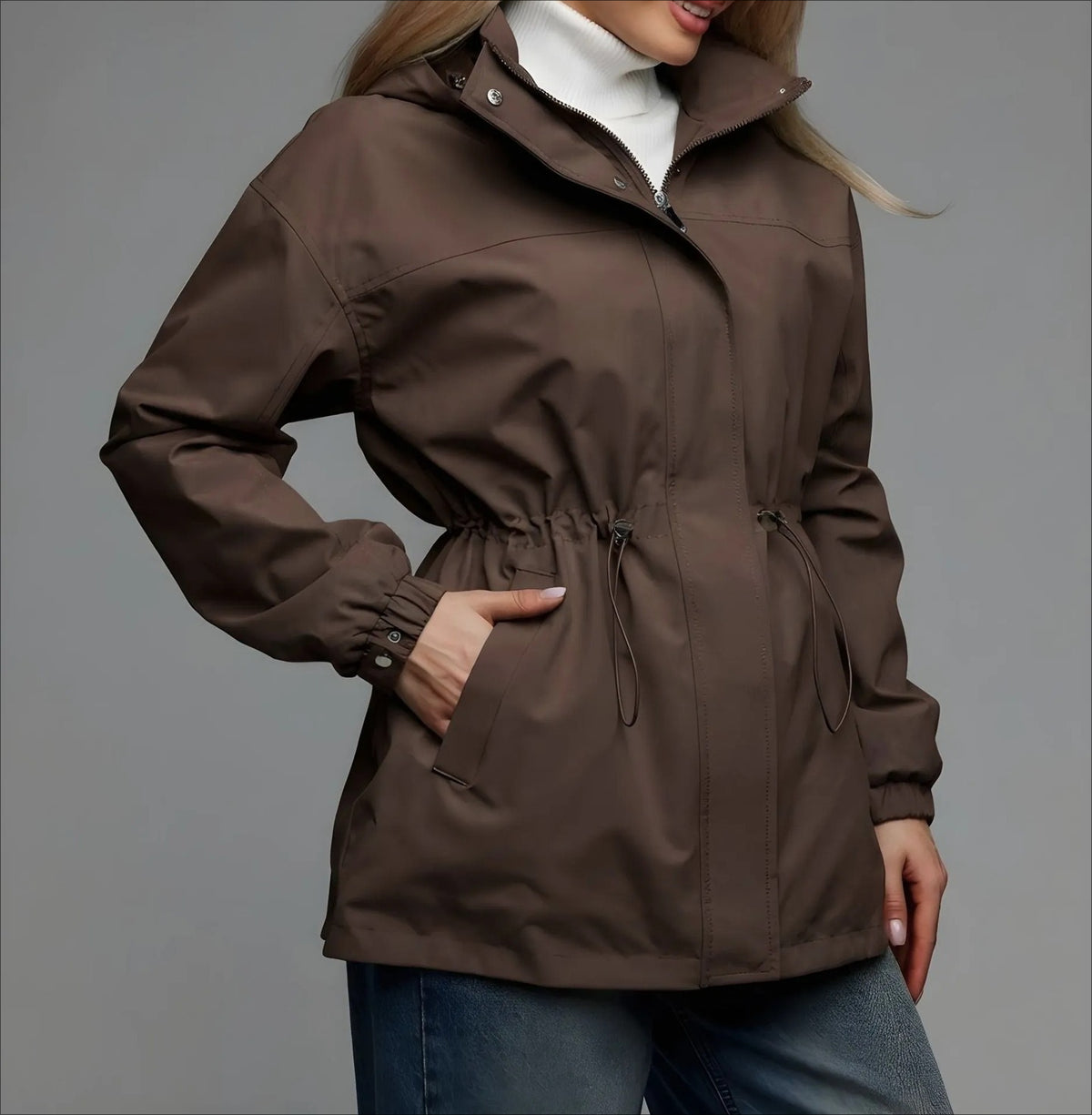 Women's Hooded Drawstring Waist Windbreaker Jacket
