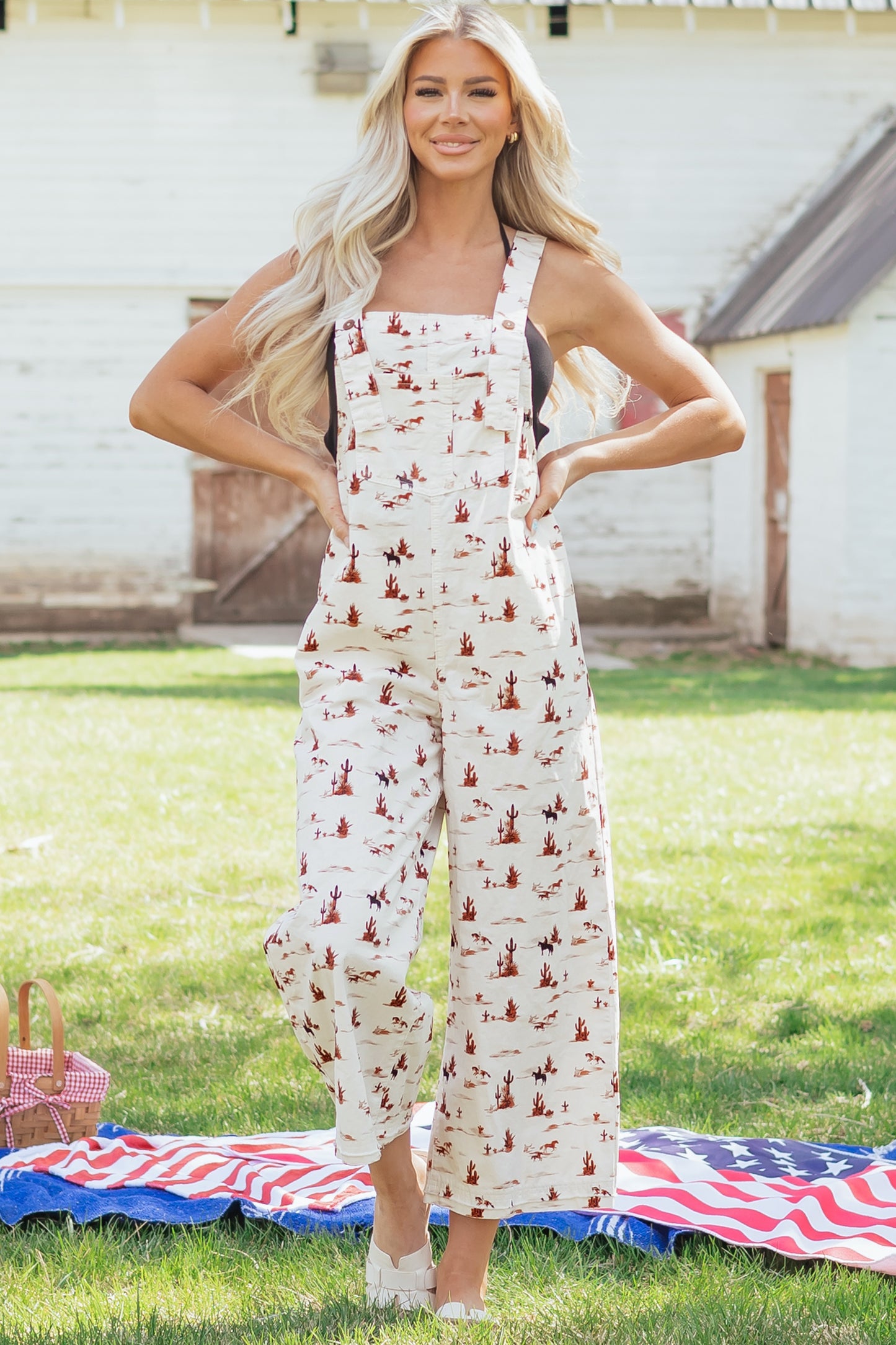 Beige Western Print Adjustable Strap Loose Cotton Jumpsuit