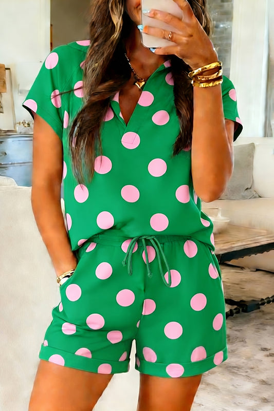 Green Polka Dot Lounge Set V Neck Tee and Shorts