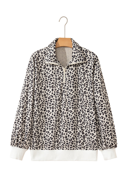 Leopard Print Quarter Zip Corduroy Pullover