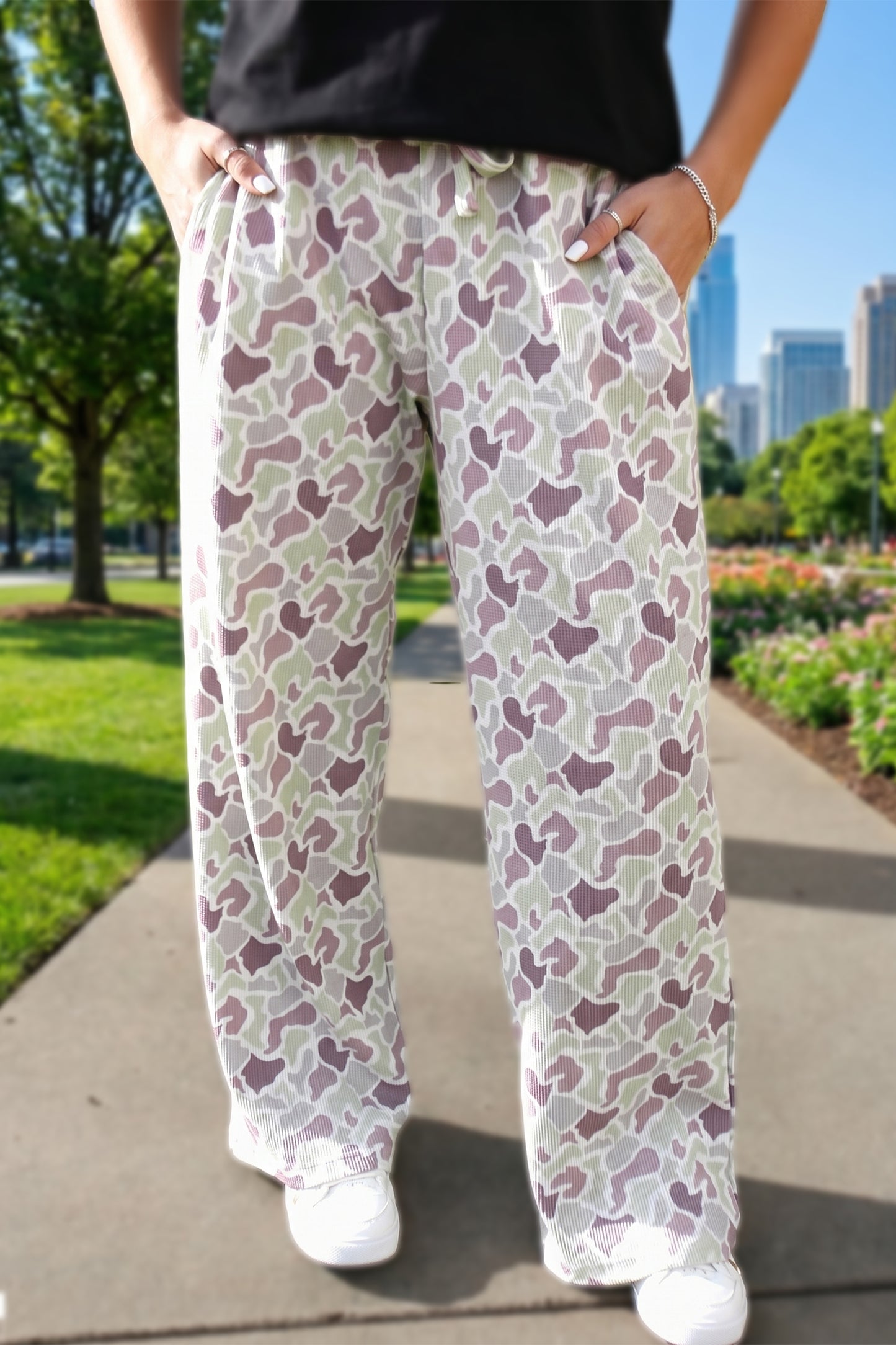 Pastel Camo Print Drawstring Wide Leg Pants