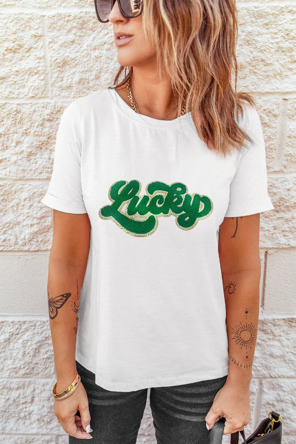 White Lucky Chenille Patch Graphic Tee for St Patrick