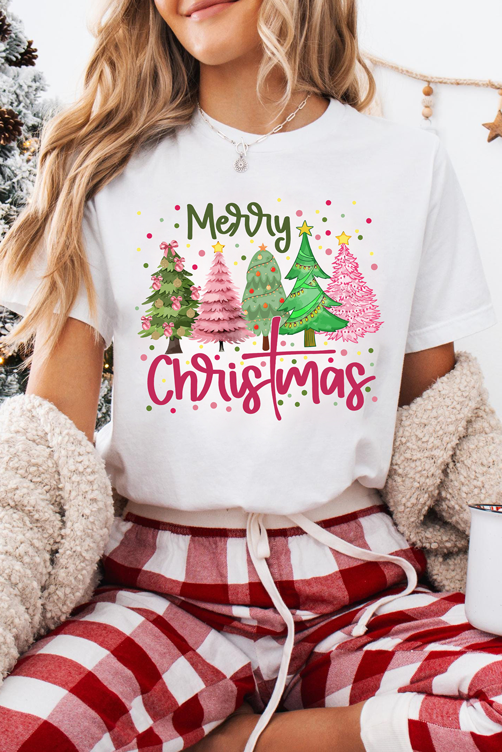White Merry Christmas Trees Graphic Holiday Crewneck T Shirt