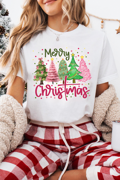 White Merry Christmas Trees Graphic Holiday Crewneck T Shirt