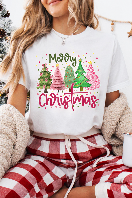 White Merry Christmas Trees Graphic Holiday Crewneck T Shirt