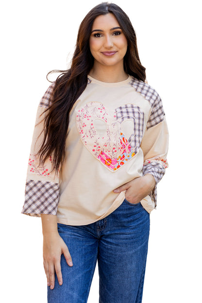 Plaid Floral Peace Heart Graphic Wide Long Sleeve Top