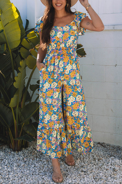 Floral Wide Leg Jumpsuit Cutout High Waist Boho Style