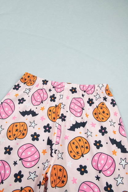 Pink Halloween Pumpkin Print Long Sleeve Home Wear Lounge Set