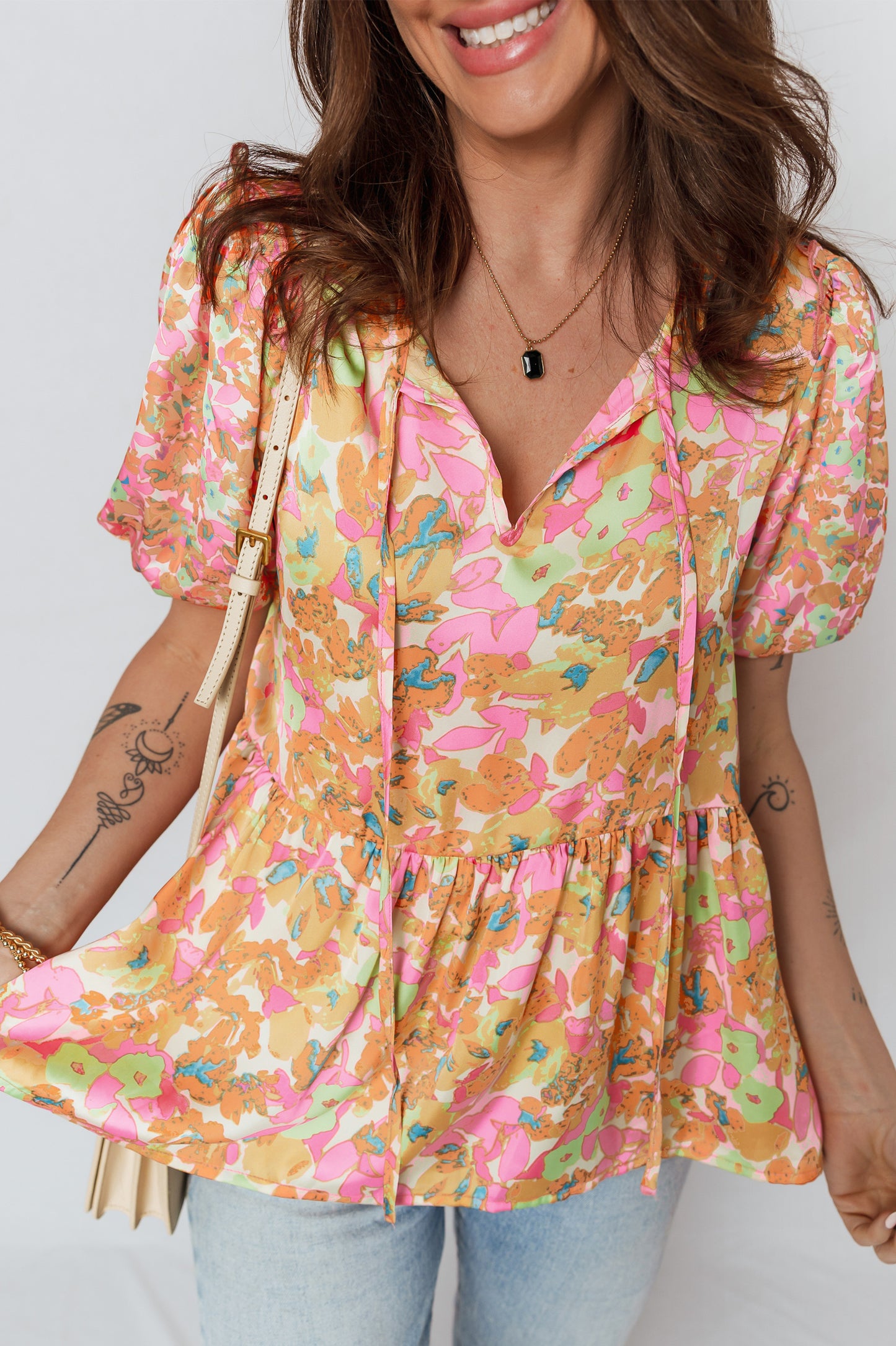 Orange Floral Split V Neck Short Sleeve Peplum Blouse