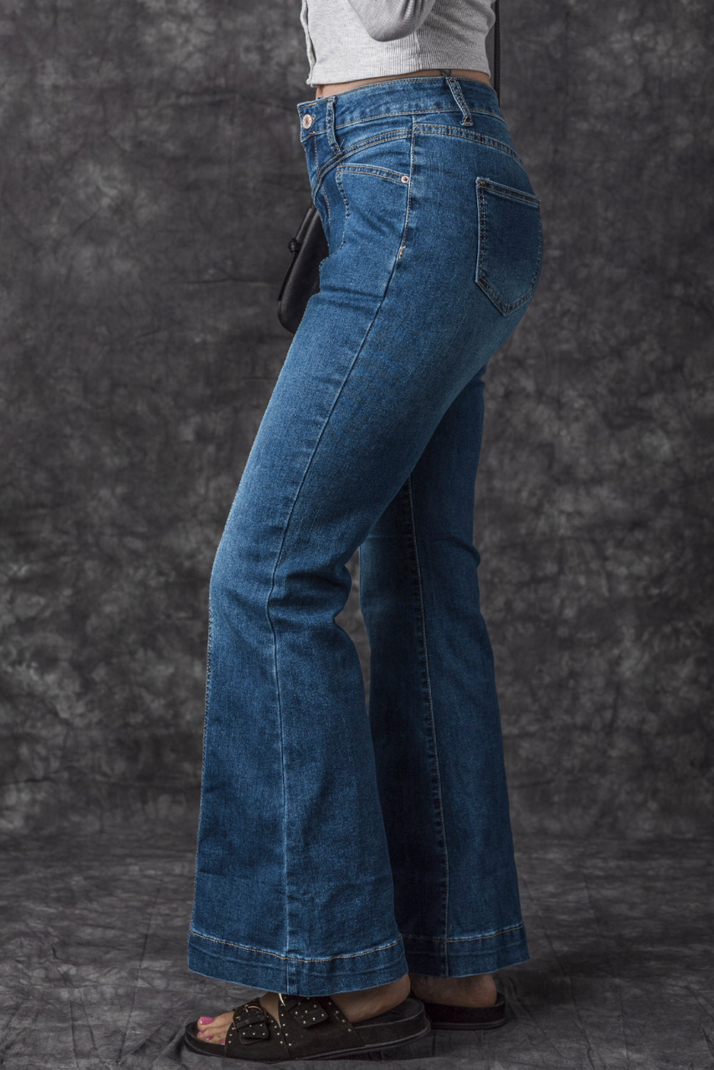 High Waist Flare Jeans with Contrast Seams & Pockets