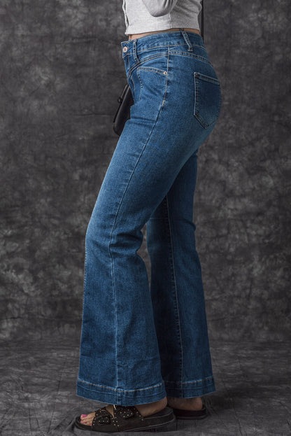 High Waist Flare Jeans with Contrast Seams & Pockets