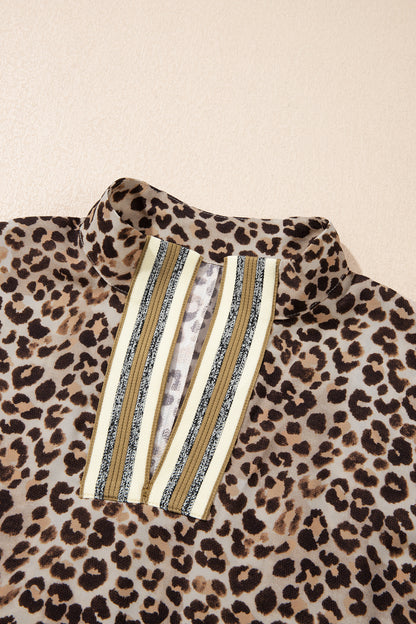 Leopard Print V Neck Contrast Trim Puff Sleeve Blouse
