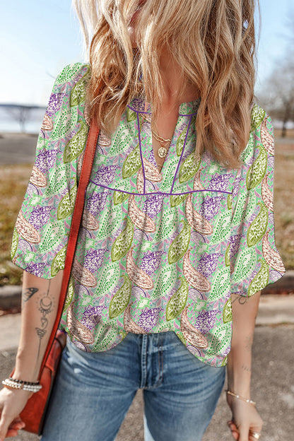 Green Boho Paisley Split Neck Puff Sleeve Blouse