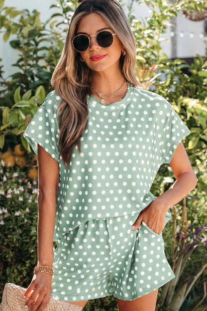 Polka Dot Lounge Short Set Casual Two Piece Outfit