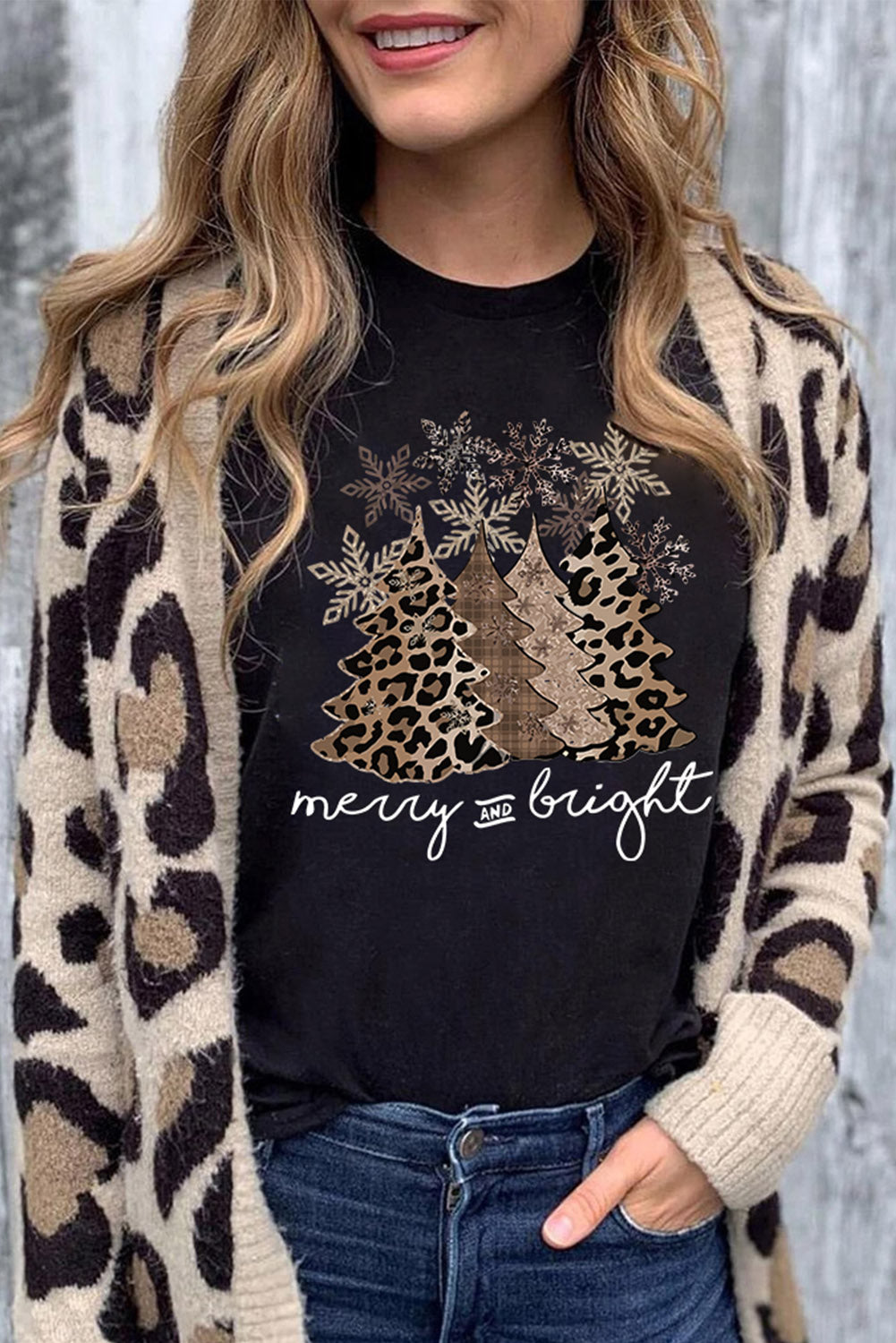 Leopard Print Christmas Tree Graphic Holiday T Shirt