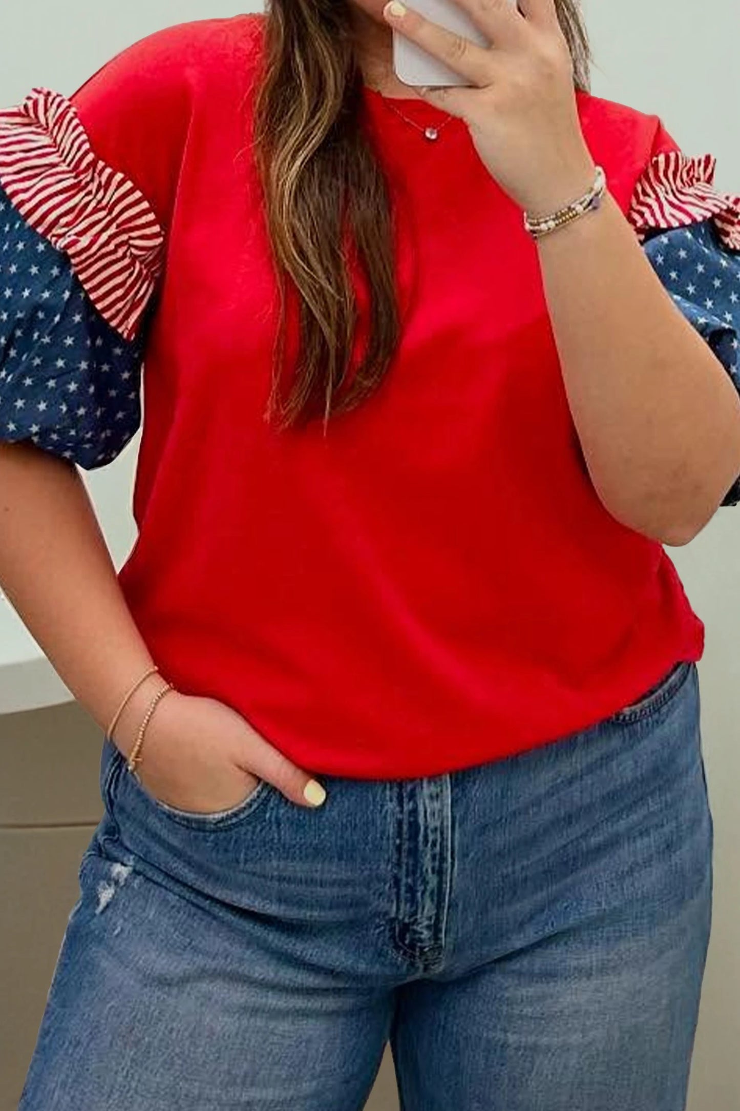Plus Size Flag Day Patriotic Star Stripe Ruffle Top