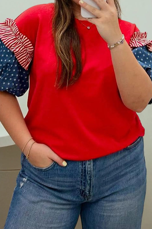 Plus Size Flag Day Patriotic Star Stripe Ruffle Top