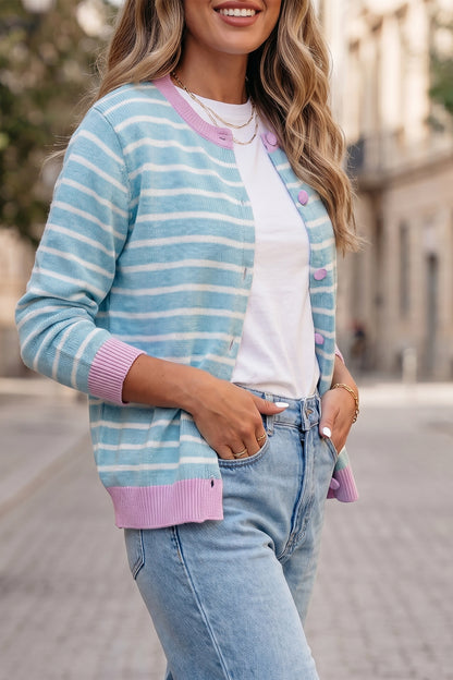 Sky Blue Pastel Stripe Button Knit Cardigan Sweater Top
